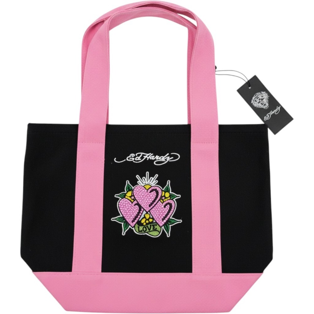 Ed Hardy Canvas Tote Bag Black Pink Rhinestone Love Heart EHH693B-26-G13 NEW